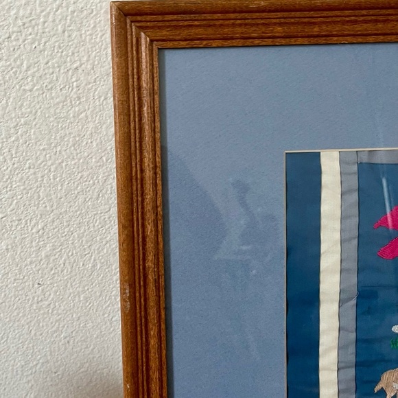 Framed Embroidered Animal Tree Art in Blue Mat 18/22 Inch - Picture 4 of 11